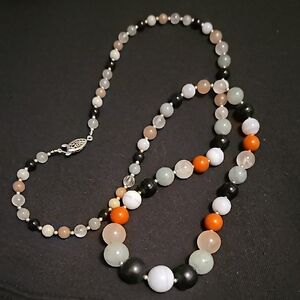 Orange and Black Beaded Necklace with Silver Clasp